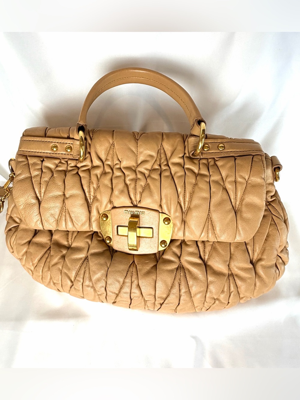 Miu Miu Matelasse Nappa Lamb Leather Bag Nude Tan Top-Handle + Crossbody + COA - Picture 10 of 16
